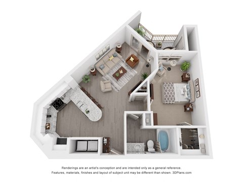 a stylized floor plan of a 1 bedroom floor plan